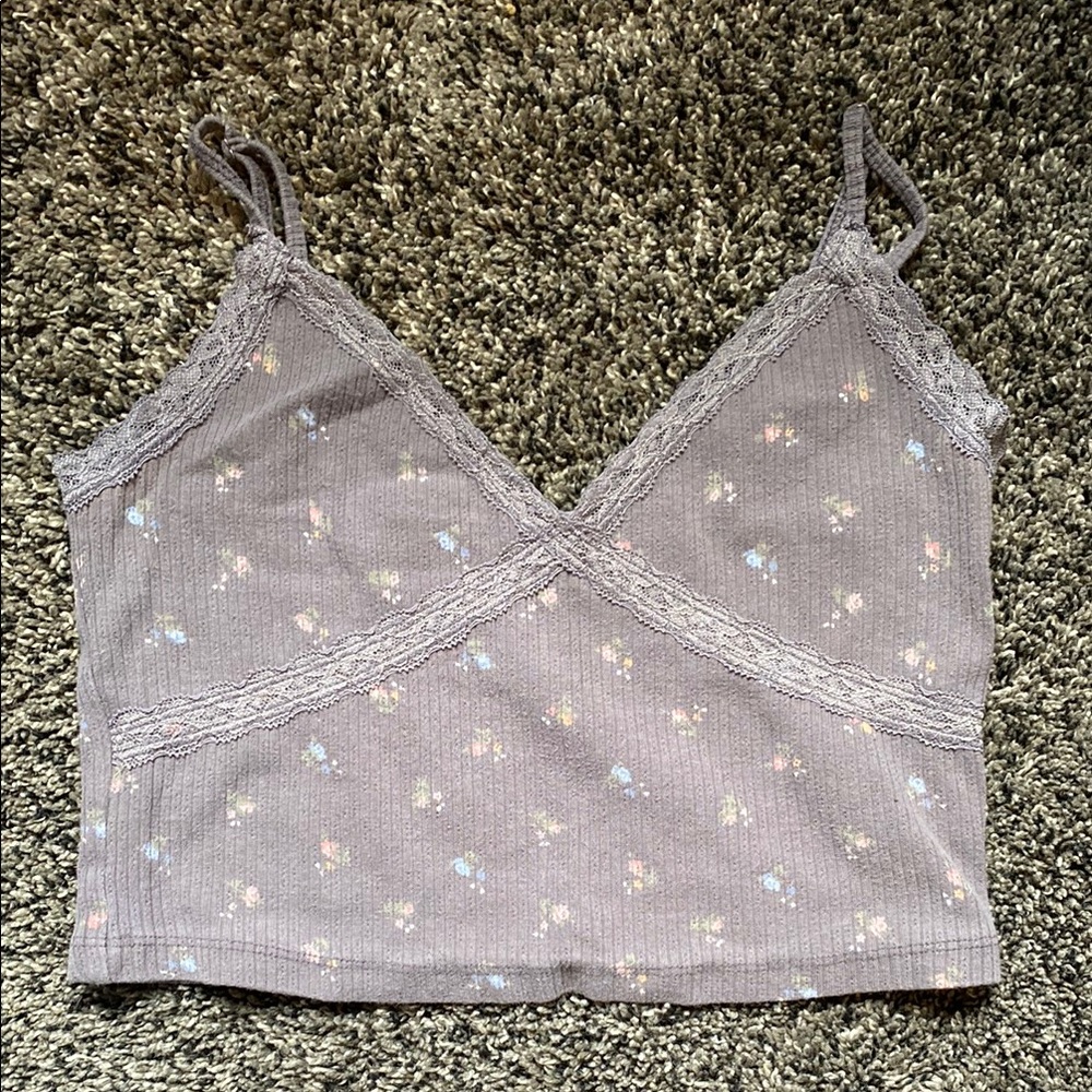 Gray Lace Trim Floral Tank Top
